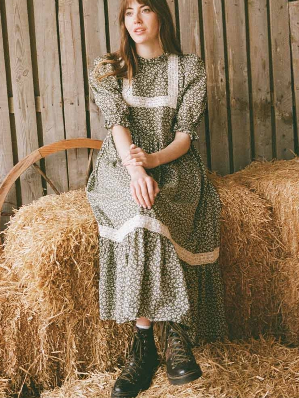 Joanie Floral Lace-Trim Midi Dress in Olive Green 20?  NWT
